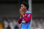 4 May 2025; Sean Nnadi of Mervue United reacts to a missed opportunity on goal during the FAI Youth Cup final match between Mervue United and College Corinthians at Eamonn Deacy Park in Galway. Photo by Tyler Miller/Sportsfile
