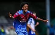 4 May 2025; Dawit Dems Woldemariam of Mervue United celebrates after scoring his side's first goal during the FAI Youth Cup final match between Mervue United and College Corinthians at Eamonn Deacy Park in Galway. Photo by Tyler Miller/Sportsfile