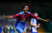 4 May 2025; Dawit Dems Woldemariam of Mervue United celebrates after scoring his side's first goal during the FAI Youth Cup final match between Mervue United and College Corinthians at Eamonn Deacy Park in Galway. Photo by Tyler Miller/Sportsfile