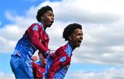 4 May 2025; Dawit Dems Woldemariam of Mervue United, right, celebrates with team-mate Sean Nnadi after scoring their side's first goal during the FAI Youth Cup final match between Mervue United and College Corinthians at Eamonn Deacy Park in Galway. Photo by Tyler Miller/Sportsfile