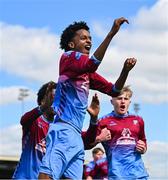 4 May 2025; Dawit Dems Woldemariam of Mervue United celebrates after scoring his side's first goal during the FAI Youth Cup final match between Mervue United and College Corinthians at Eamonn Deacy Park in Galway. Photo by Tyler Miller/Sportsfile