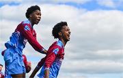 4 May 2025; Dawit Dems Woldemariam of Mervue United, right, celebrates with team-mate Sean Nnadi after scoring their side's first goal during the FAI Youth Cup final match between Mervue United and College Corinthians at Eamonn Deacy Park in Galway. Photo by Tyler Miller/Sportsfile