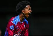 4 May 2025; Dawit Dems Woldemariam of Mervue United celebrates after scoring his side's first goal during the FAI Youth Cup final match between Mervue United and College Corinthians at Eamonn Deacy Park in Galway. Photo by Tyler Miller/Sportsfile