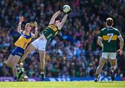 4 May 2025; Barry Dan O'Sullivan of Kerry wins possession ahead of Emmet McMahon of Clare during the Munster GAA Football Senior Championship final match between Kerry and Clare at Fitzgerald Stadium in Killarney, Kerry. Photo by Piaras Ó Mídheach/Sportsfile