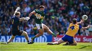 4 May 2025; Micheál Burns of Kerry scores his side's third goal under pressure from Clare goalkeeper Eamon Tubridy and Ronan Lanigan, 4, during the Munster GAA Football Senior Championship final match between Kerry and Clare at Fitzgerald Stadium in Killarney, Kerry. Photo by Piaras Ó Mídheach/Sportsfile