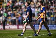 4 May 2025; Clare goalkeeper Eamon Tubridy, left, and team-mate Cillian Brennan after their side's defeat in the Munster GAA Football Senior Championship final match between Kerry and Clare at Fitzgerald Stadium in Killarney, Kerry. Photo by Piaras Ó Mídheach/Sportsfile