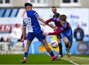 4 May 2025; Darragh King of Mervue United in action against Padraig McGrath of College Corinthians during the FAI Youth Cup final match between Mervue United and College Corinthians at Eamonn Deacy Park in Galway. Photo by Tyler Miller/Sportsfile