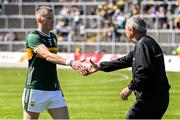 4 May 2025; Jason Foley of Kerry shakes hands with Clare manager Peter Keane after the Munster GAA Football Senior Championship final match between Kerry and Clare at Fitzgerald Stadium in Killarney, Kerry. Photo by Brendan Moran/Sportsfile
