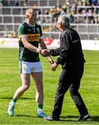 4 May 2025; Jason Foley of Kerry shakes hands with Clare manager Peter Keane after the Munster GAA Football Senior Championship final match between Kerry and Clare at Fitzgerald Stadium in Killarney, Kerry. Photo by Brendan Moran/Sportsfile