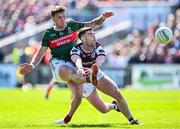4 May 2025; Jordan Flynn of Mayo in action against Seán Mulkerrin of Galway during the Connacht GAA Football Senior Championship final match between Mayo and Galway at Hastings Insurance MacHale Park in Castlebar, Mayo. Photo by Seb Daly/Sportsfile