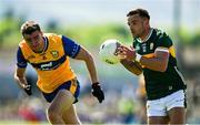 4 May 2025; Micheál Burns of Kerry in action against Manus Doherty of Clare during the Munster GAA Football Senior Championship final match between Kerry and Clare at Fitzgerald Stadium in Killarney, Kerry. Photo by Brendan Moran/Sportsfile