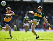 4 May 2025; Gavin White of Kerry has a shot blocked by Daniel Walsh of Clare during the Munster GAA Football Senior Championship final match between Kerry and Clare at Fitzgerald Stadium in Killarney, Kerry. Photo by Brendan Moran/Sportsfile