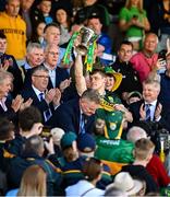 4 May 2025; Kerry captain Gavin White lifts the cup after his side's victory in the Munster GAA Football Senior Championship final match between Kerry and Clare at Fitzgerald Stadium in Killarney, Kerry. Photo by Piaras Ó Mídheach/Sportsfile