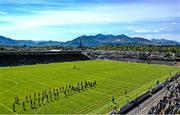 4 May 2025; The Kerry and Clare players march behind the Millstreet Pipe Band in the parade before the Munster GAA Football Senior Championship final match between Kerry and Clare at Fitzgerald Stadium in Killarney, Kerry. Photo by Piaras Ó Mídheach/Sportsfile