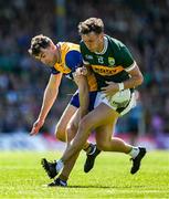 4 May 2025; David Clifford of Kerry is tackled by Cillian Brennan of Clare during the Munster GAA Football Senior Championship final match between Kerry and Clare at Fitzgerald Stadium in Killarney, Kerry. Photo by Brendan Moran/Sportsfile