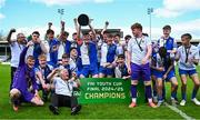 4 May 2025; The College Corinthians team celebrate with the cup after the FAI Youth Cup final match between Mervue United and College Corinthians at Eamonn Deacy Park in Galway. Photo by Tyler Miller/Sportsfile