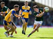 4 May 2025; Dylan Geaney of Kerry in action against Manus Doherty of Clare during the Munster GAA Football Senior Championship final match between Kerry and Clare at Fitzgerald Stadium in Killarney, Kerry. Photo by Brendan Moran/Sportsfile