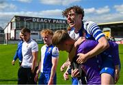 4 May 2025; Billy Higgins of College Corinthians, top, celebrates with College Corinthians goalkeeper Raymond Foley Kiss after the FAI Youth Cup final match between Mervue United and College Corinthians at Eamonn Deacy Park in Galway. Photo by Tyler Miller/Sportsfile