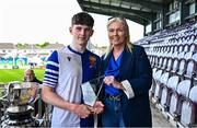 4 May 2025; FAI board member Caroline Rhatigan presents the player of the match award to Kai O'Neill of College Corinthians after the FAI Youth Cup final match between Mervue United and College Corinthians at Eamonn Deacy Park in Galway. Photo by Tyler Miller/Sportsfile