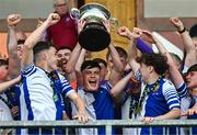 4 May 2025; College Corinthians captain Kealan Crowe lifts the cup alongside team-mates after the FAI Youth Cup final match between Mervue United and College Corinthians at Eamonn Deacy Park in Galway. Photo by Tyler Miller/Sportsfile