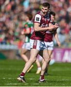 4 May 2025; Matthew Tierney of Galway celebrates after scoring his side's first goal during the Connacht GAA Football Senior Championship final match between Mayo and Galway at Hastings Insurance MacHale Park in Castlebar, Mayo. Photo by David Fitzgerald/Sportsfile