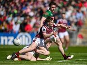 4 May 2025; Johnny McGrath of Galway is tackled by Mayo goalkeeper Colm Reape resulting in a penalty during the Connacht GAA Football Senior Championship final match between Mayo and Galway at Hastings Insurance MacHale Park in Castlebar, Mayo. Photo by David Fitzgerald/Sportsfile