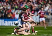 4 May 2025; Johnny McGrath of Galway is tackled by Mayo goalkeeper Colm Reape resulting in a penalty during the Connacht GAA Football Senior Championship final match between Mayo and Galway at Hastings Insurance MacHale Park in Castlebar, Mayo. Photo by David Fitzgerald/Sportsfile