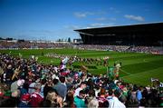 4 May 2025; The teams march behind the band before the Connacht GAA Football Senior Championship final match between Mayo and Galway at Hastings Insurance MacHale Park in Castlebar, Mayo. Photo by David Fitzgerald/Sportsfile
