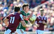 4 May 2025; Jordan Flynn of Mayo in action against John Maher of Galway during the Connacht GAA Football Senior Championship final match between Mayo and Galway at Hastings Insurance MacHale Park in Castlebar, Mayo. Photo by Seb Daly/Sportsfile