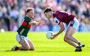 4 May 2025; Seán Mulkerrin of Galway in action against Darren McHale of Mayo during the Connacht GAA Football Senior Championship final match between Mayo and Galway at Hastings Insurance MacHale Park in Castlebar, Mayo. Photo by Seb Daly/Sportsfile