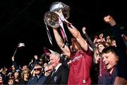 4 May 2025; Galway captain Seán Kelly lifts the Nestor Cup after his side's victory in the Connacht GAA Football Senior Championship final match between Mayo and Galway at Hastings Insurance MacHale Park in Castlebar, Mayo. Photo by Seb Daly/Sportsfile