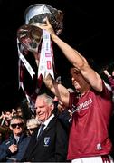 4 May 2025; Galway captain Seán Kelly lifts the Nestor Cup after his side's victory in the Connacht GAA Football Senior Championship final match between Mayo and Galway at Hastings Insurance MacHale Park in Castlebar, Mayo. Photo by Seb Daly/Sportsfile