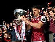 4 May 2025; Galway captain Seán Kelly lifts the Nestor Cup after his side's victory in the Connacht GAA Football Senior Championship final match between Mayo and Galway at Hastings Insurance MacHale Park in Castlebar, Mayo. Photo by Seb Daly/Sportsfile