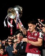 4 May 2025; Galway captain Seán Kelly lifts the Nestor Cup after his side's victory in the Connacht GAA Football Senior Championship final match between Mayo and Galway at Hastings Insurance MacHale Park in Castlebar, Mayo. Photo by Seb Daly/Sportsfile