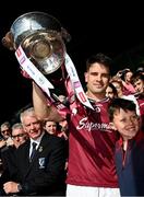 4 May 2025; Galway captain Seán Kelly lifts the Nestor Cup after his side's victory in the Connacht GAA Football Senior Championship final match between Mayo and Galway at Hastings Insurance MacHale Park in Castlebar, Mayo. Photo by Seb Daly/Sportsfile