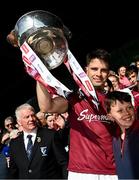 4 May 2025; Galway captain Seán Kelly lifts the Nestor Cup after his side's victory in the Connacht GAA Football Senior Championship final match between Mayo and Galway at Hastings Insurance MacHale Park in Castlebar, Mayo. Photo by Seb Daly/Sportsfile