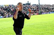 4 May 2025; Galway manager Padraic Joyce celebrates at the final hooter after his side's victory in the Connacht GAA Football Senior Championship final match between Mayo and Galway at Hastings Insurance MacHale Park in Castlebar, Mayo. Photo by Seb Daly/Sportsfile