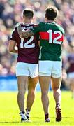 4 May 2025; Cillian McDaid of Galway, left, and Jordan Flynn of Mayo during the Connacht GAA Football Senior Championship final match between Mayo and Galway at Hastings Insurance MacHale Park in Castlebar, Mayo. Photo by Seb Daly/Sportsfile