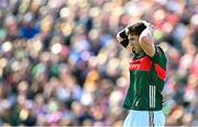 4 May 2025; Enda Hession of Mayo reacts during the Connacht GAA Football Senior Championship final match between Mayo and Galway at Hastings Insurance MacHale Park in Castlebar, Mayo. Photo by Seb Daly/Sportsfile