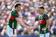 4 May 2025; Mayo players Matthew Ruane, left, and Ryan O’Donoghue during the Connacht GAA Football Senior Championship final match between Mayo and Galway at Hastings Insurance MacHale Park in Castlebar, Mayo. Photo by Seb Daly/Sportsfile