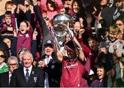 4 May 2025; Galway captain Seán Kelly lifts the Nestor Cup after his side's victory in the Connacht GAA Football Senior Championship final match between Mayo and Galway at Hastings Insurance MacHale Park in Castlebar, Mayo. Photo by David Fitzgerald/Sportsfile