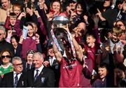 4 May 2025; Galway captain Seán Kelly lifts the Nestor Cup after his side's victory in the Connacht GAA Football Senior Championship final match between Mayo and Galway at Hastings Insurance MacHale Park in Castlebar, Mayo. Photo by David Fitzgerald/Sportsfile