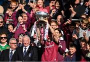 4 May 2025; Galway captain Seán Kelly lifts the Nestor Cup after his side's victory in the Connacht GAA Football Senior Championship final match between Mayo and Galway at Hastings Insurance MacHale Park in Castlebar, Mayo. Photo by David Fitzgerald/Sportsfile