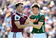 4 May 2025; Paul Conroy of Galway tussles with Mayo's Donnacha McHugh during the Connacht GAA Football Senior Championship final match between Mayo and Galway at Hastings Insurance MacHale Park in Castlebar, Mayo. Photo by Seb Daly/Sportsfile