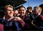 4 May 2025; Shane Walsh, centre, and Sam O’Neill of Galway celebrate after the Connacht GAA Football Senior Championship final match between Mayo and Galway at Hastings Insurance MacHale Park in Castlebar, Mayo. Photo by David Fitzgerald/Sportsfile