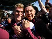 4 May 2025; Shane Walsh, right, and Sam O’Neill of Galway celebrate after the Connacht GAA Football Senior Championship final match between Mayo and Galway at Hastings Insurance MacHale Park in Castlebar, Mayo. Photo by David Fitzgerald/Sportsfile