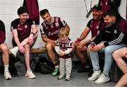 4 May 2025; Páidí Conroy, son of Paul Conroy, centre no 8, sprays water in the dressing room after the Connacht GAA Football Senior Championship final match between Mayo and Galway at Hastings Insurance MacHale Park in Castlebar, Mayo. Photo by David Fitzgerald/Sportsfile