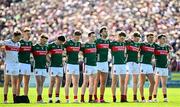 4 May 2025; Mayo players, from left, Colm Reape, Jack Carney, Darren McHale, Enda Hession, David McBrien, Stephen Coen, Aidan O’Shea, Donnacha McHugh, Rory Brickenden, Jordan Flynn and Jack Coyne before the Connacht GAA Football Senior Championship final match between Mayo and Galway at Hastings Insurance MacHale Park in Castlebar, Mayo. Photo by Seb Daly/Sportsfile