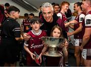 4 May 2025; Galway manager Padraic Joyce celebrates with his children Jodie and Charlie after the Connacht GAA Football Senior Championship final match between Mayo and Galway at Hastings Insurance MacHale Park in Castlebar, Mayo. Photo by David Fitzgerald/Sportsfile