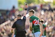 4 May 2025; Referee Paddy Neilan shows a black card to Mayo's Rory Brickenden during the Connacht GAA Football Senior Championship final match between Mayo and Galway at Hastings Insurance MacHale Park in Castlebar, Mayo. Photo by Seb Daly/Sportsfile